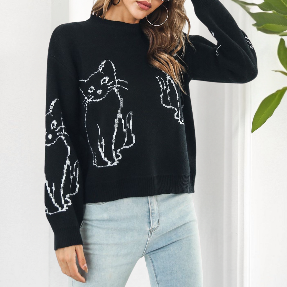 Vienna - Cat Print Knit Sweater